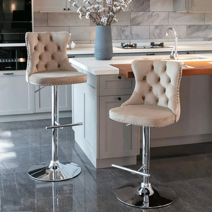 A&A Furniture,Swivel Velvet Barstools Adjusatble Seat Height from 25-33 Inch, Modern Upholstered Chrome base Bar Stools with Backs Comfortable Tufted for Home Pub and Kitchen Island（Khaki,Set of 2） Default -DTYStore