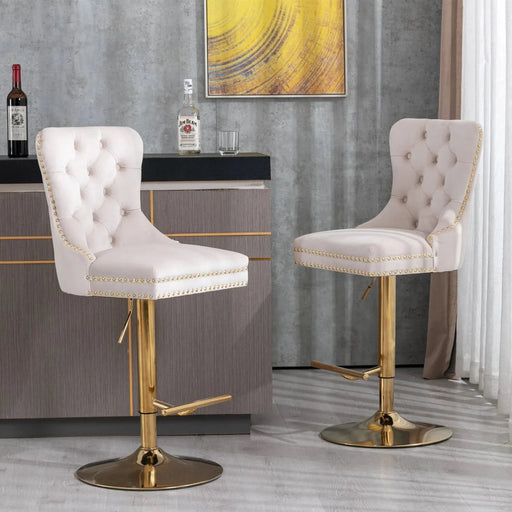 A&A Furniture,Thick Golden Swivel Velvet Barstools Adjusatble Seat Height from 27-35 Inch, Modern Upholstered Bar Stools with Backs Comfortable Tufted for Home Pub and Kitchen Island (Beige,Set of 2) Default -DTYStore