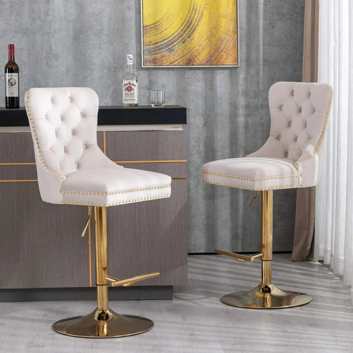 A&A Furniture,Thick Golden Swivel Velvet Barstools Adjusatble Seat Height from 27-35 Inch, Modern Upholstered Bar Stools with Backs Comfortable Tufted for Home Pub and Kitchen Island (Beige,Set of 2) Default -DTYStore
