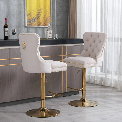 A&A Furniture,Thick Golden Swivel Velvet Barstools Adjusatble Seat Height from 27-35 Inch, Modern Upholstered Bar Stools with Backs Comfortable Tufted for Home Pub and Kitchen Island (Beige,Set of 2) Default -DTYStore