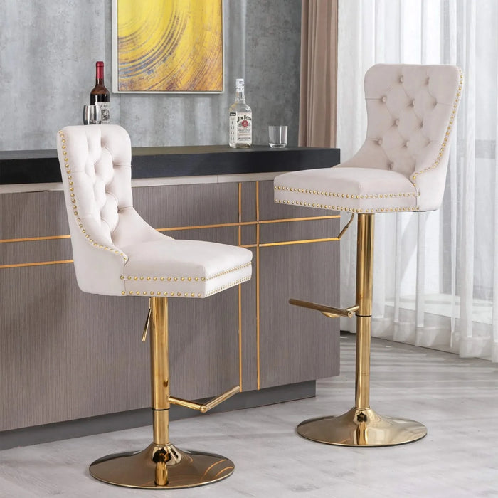 A&A Furniture,Thick Golden Swivel Velvet Barstools Adjusatble Seat Height from 27-35 Inch, Modern Upholstered Bar Stools with Backs Comfortable Tufted for Home Pub and Kitchen Island (Beige,Set of 2) Default -DTYStore