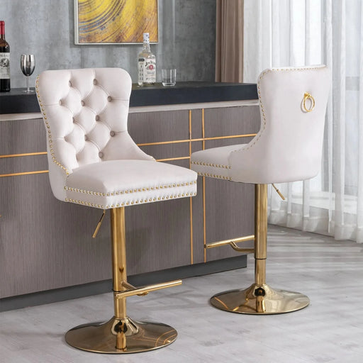 A&A Furniture,Thick Golden Swivel Velvet Barstools Adjusatble Seat Height from 27-35 Inch, Modern Upholstered Bar Stools with Backs Comfortable Tufted for Home Pub and Kitchen Island (Beige,Set of 2) Default -DTYStore