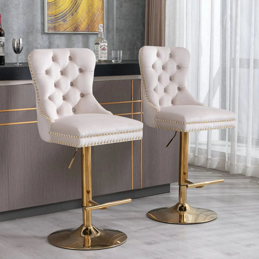 A&A Furniture,Thick Golden Swivel Velvet Barstools Adjusatble Seat Height from 27-35 Inch, Modern Upholstered Bar Stools with Backs Comfortable Tufted for Home Pub and Kitchen Island (Beige,Set of 2) Default -DTYStore