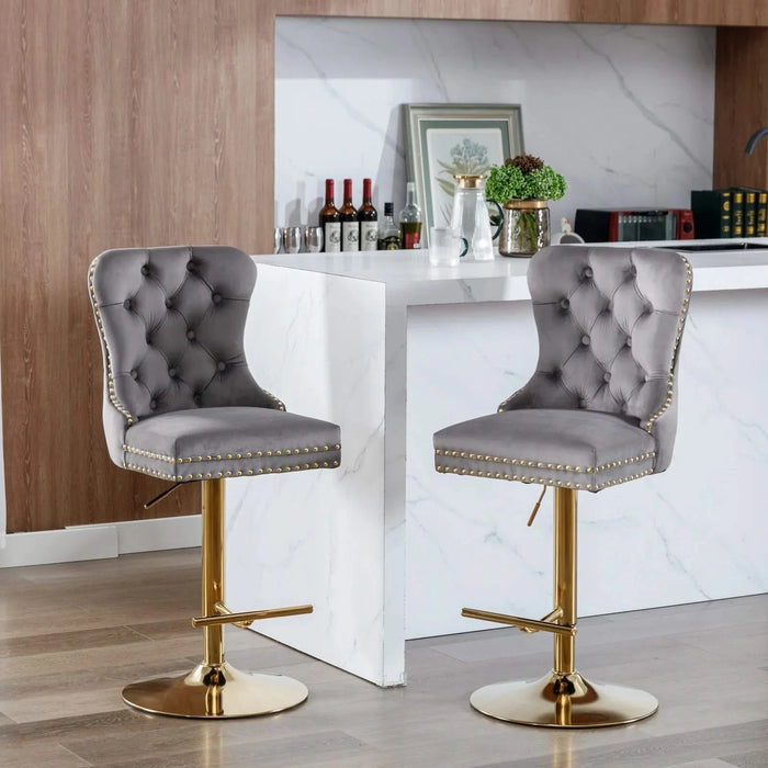 A&A Furniture Modern Upholstered Velvet Bar Stools with Adjustable Swivel Seat Height in Gray, Set of 2 Default -DTYStore