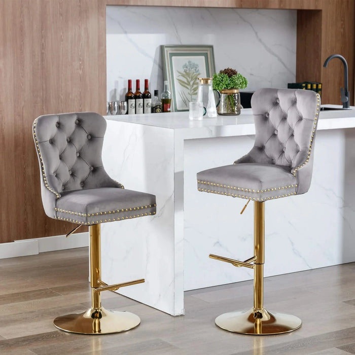 A&A Furniture Modern Upholstered Velvet Bar Stools with Adjustable Swivel Seat Height in Gray, Set of 2 Default -DTYStore