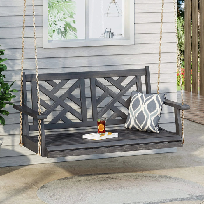 ALEJANDRO Acacia Wood Porch Swing with Slat Panel Seating in Dark Grey Default -DTYStore