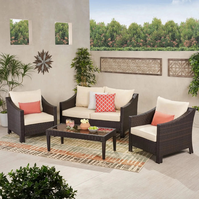 ANTIBES 4PCS Wicker Chat Set with Beige Cushion - Durable Outdoor Seating with Coffee Table Default -DTYStore