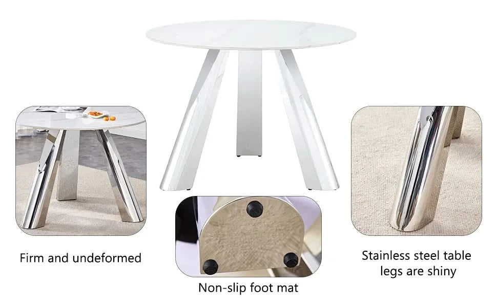 A 42-inch stainless steel leg round table with a marble top is suitable for use by four or six people Default -DTYStore
