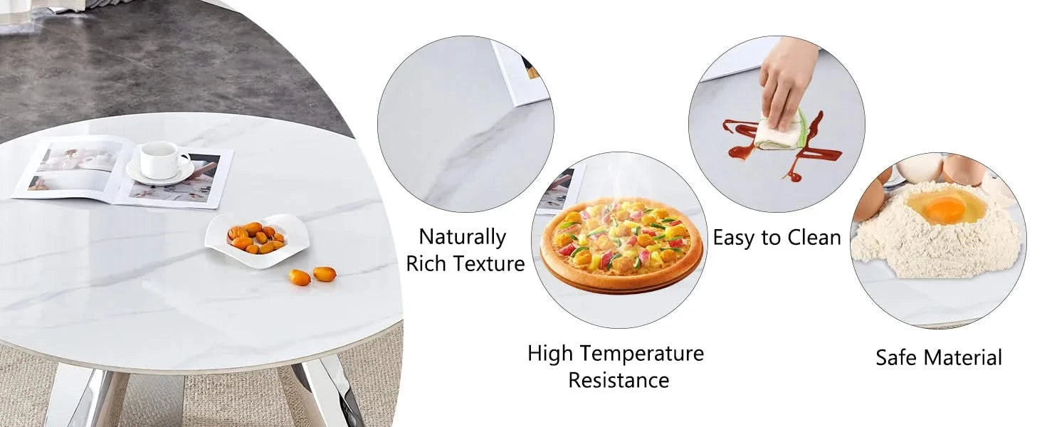 A 42-inch stainless steel leg round table with a marble top is suitable for use by four or six people Default -DTYStore