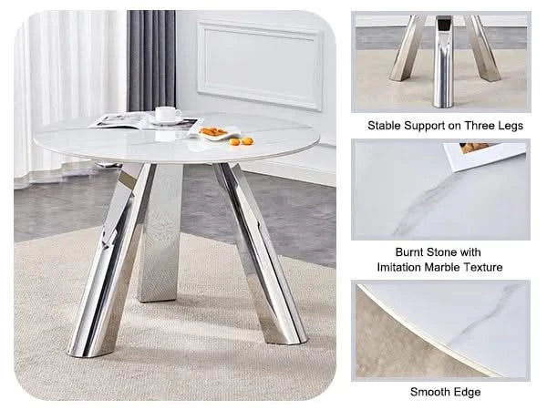 A 42-inch stainless steel leg round table with a marble top is suitable for use by four or six people Default -DTYStore