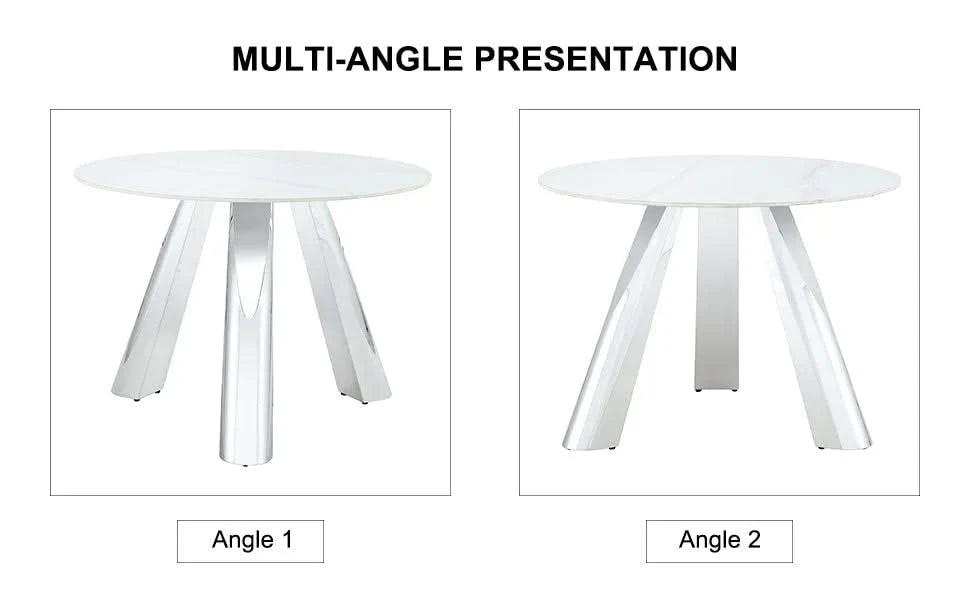 A 42-inch stainless steel leg round table with a marble top is suitable for use by four or six people Default -DTYStore