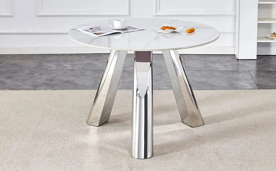 A 42-inch stainless steel leg round table with a marble top is suitable for use by four or six people Default -DTYStore