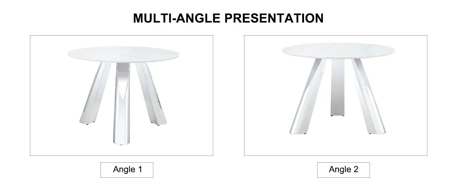 A 42-inch stainless steel leg round table with a marble top is suitable for use by four or six people Default -DTYStore