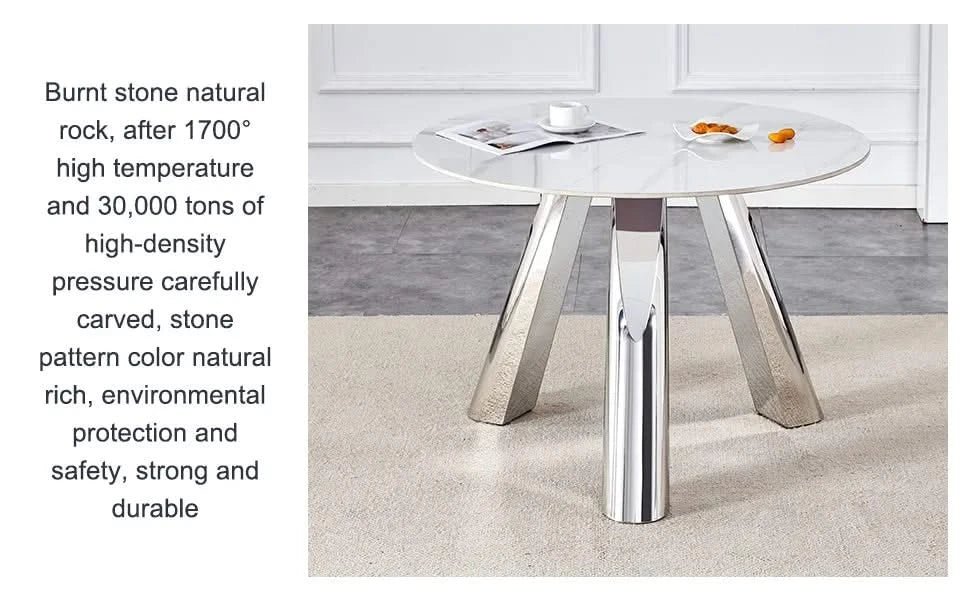 A 42-inch stainless steel leg round table with a marble top is suitable for use by four or six people Default -DTYStore