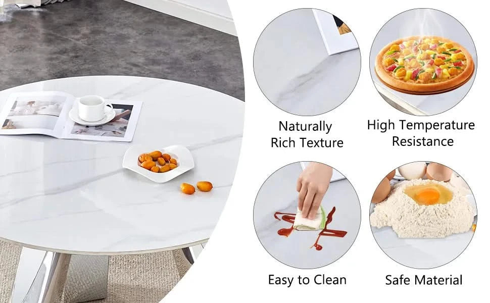 A 42-inch stainless steel leg round table with a marble top is suitable for use by four or six people Default -DTYStore