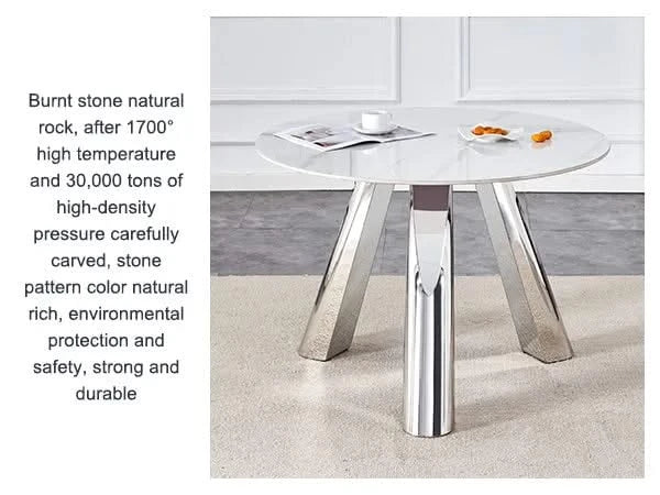 A 42-inch stainless steel leg round table with a marble top is suitable for use by four or six people Default -DTYStore