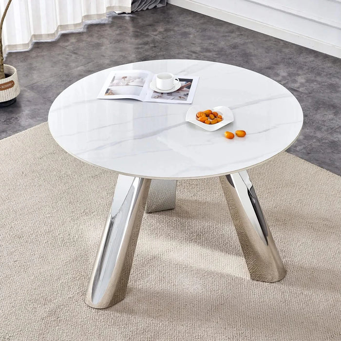A 42-inch stainless steel leg round table with a marble top is suitable for use by four or six people Default -DTYStore