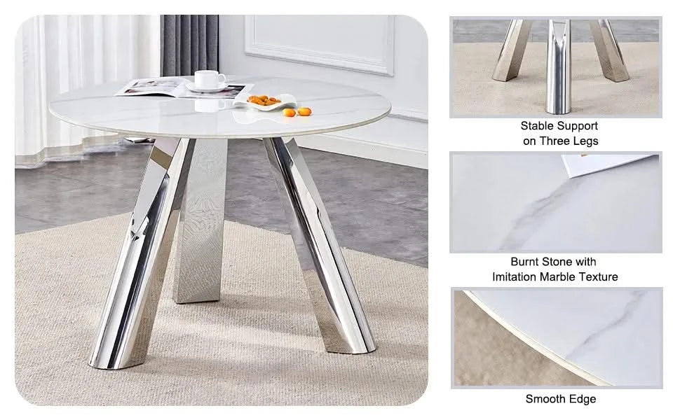 A 42-inch stainless steel leg round table with a marble top is suitable for use by four or six people Default -DTYStore