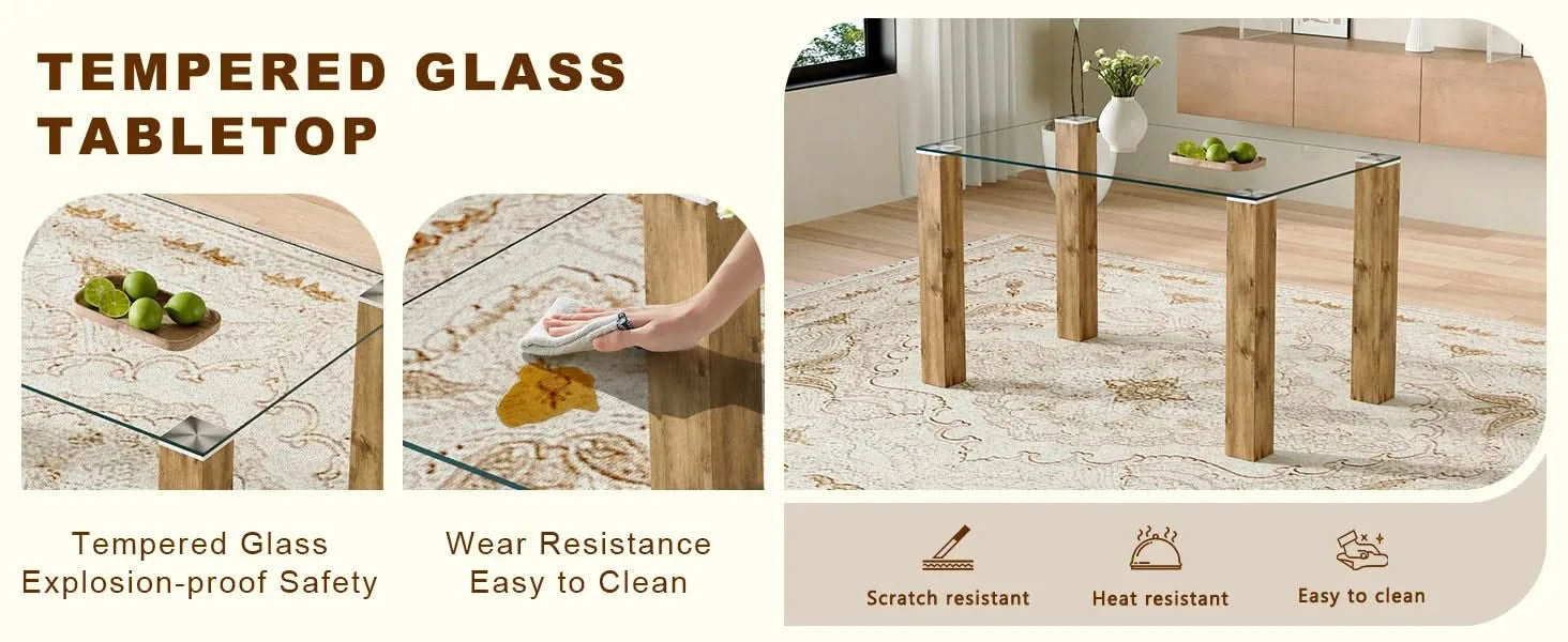 A 49.6 * 30 Inch Transparent Tempered Glass Dining Table With Rectangular Wood Color MDF Wood Grain Legs, Combining Simplicity And Quality.Can Easily Blend Into Various Decoration Styles. Default -DTYStore