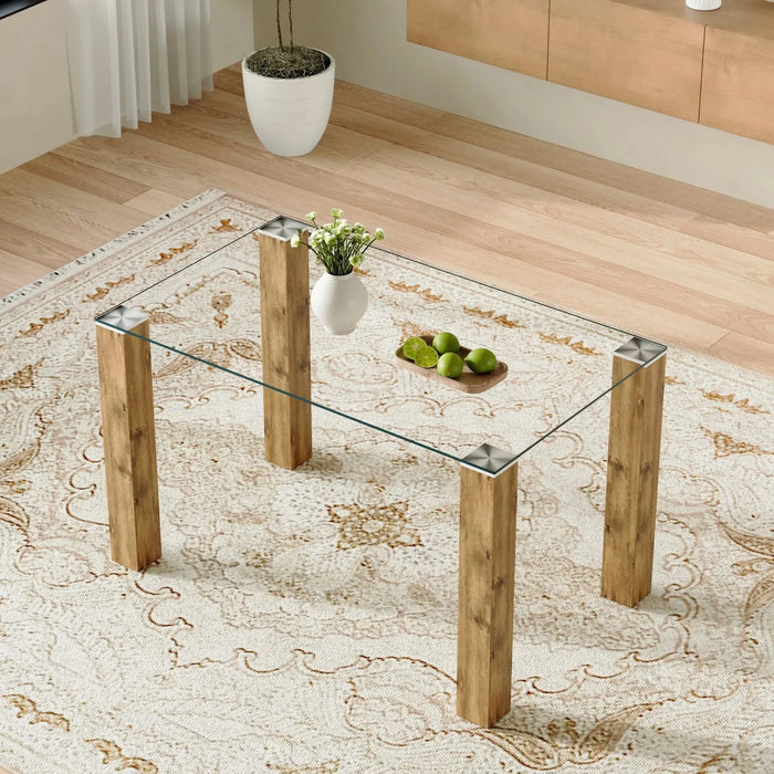 A 49.6 * 30 Inch Transparent Tempered Glass Dining Table With Rectangular Wood Color MDF Wood Grain Legs, Combining Simplicity And Quality.Can Easily Blend Into Various Decoration Styles. Default -DTYStore