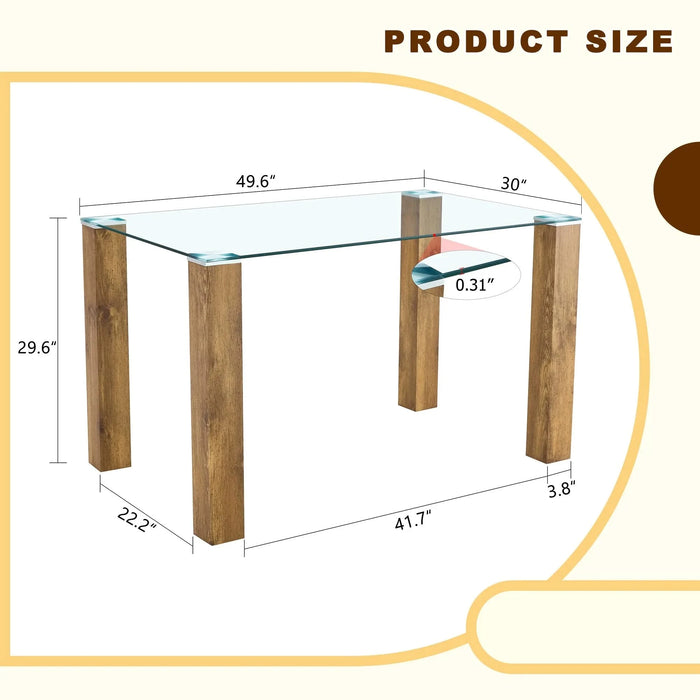 A 49.6 * 30 Inch Transparent Tempered Glass Dining Table With Rectangular Wood Color MDF Wood Grain Legs, Combining Simplicity And Quality.Can Easily Blend Into Various Decoration Styles. Default -DTYStore