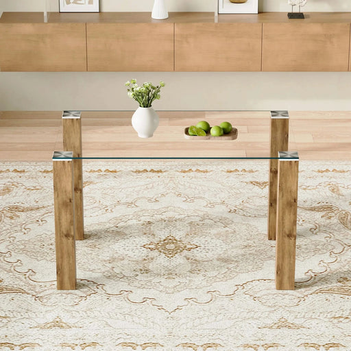 A 49.6 * 30 Inch Transparent Tempered Glass Dining Table With Rectangular Wood Color MDF Wood Grain Legs, Combining Simplicity And Quality.Can Easily Blend Into Various Decoration Styles. Default -DTYStore