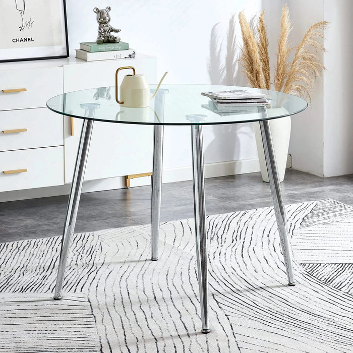 A glass tabletop with a diameter of 38.6 inches and a modern minimalist circular dining table with silver metal legs.Suitable for living rooms, and conference rooms. Default -DTYStore