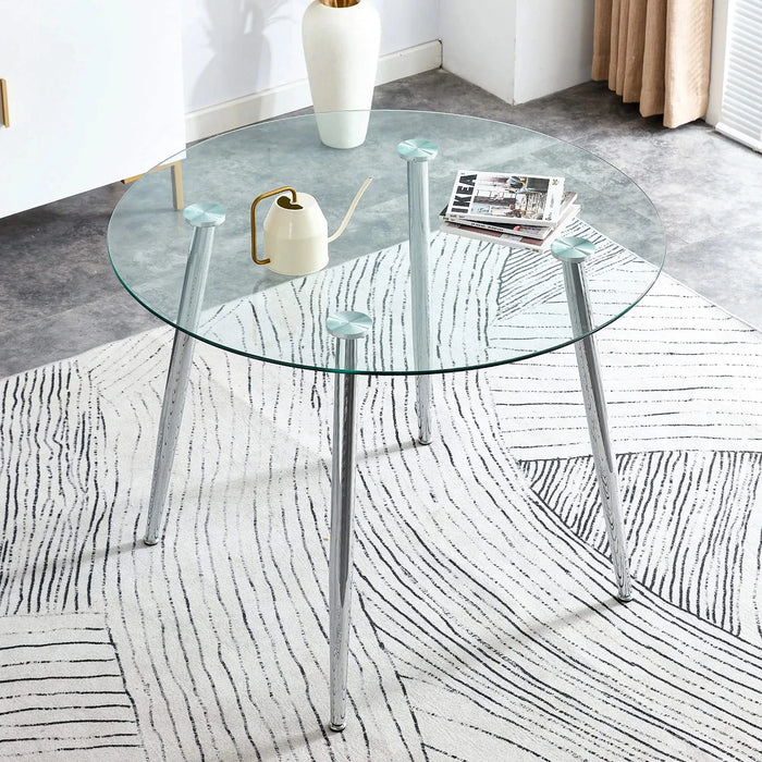 A glass tabletop with a diameter of 38.6 inches and a modern minimalist circular dining table with silver metal legs.Suitable for living rooms, and conference rooms. Default -DTYStore