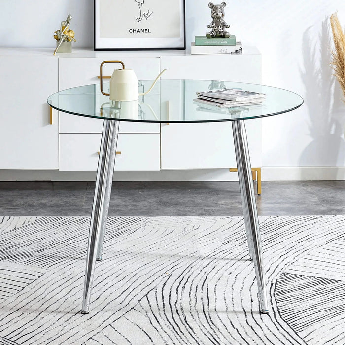 A glass tabletop with a diameter of 38.6 inches and a modern minimalist circular dining table with silver metal legs.Suitable for living rooms, and conference rooms. Default -DTYStore