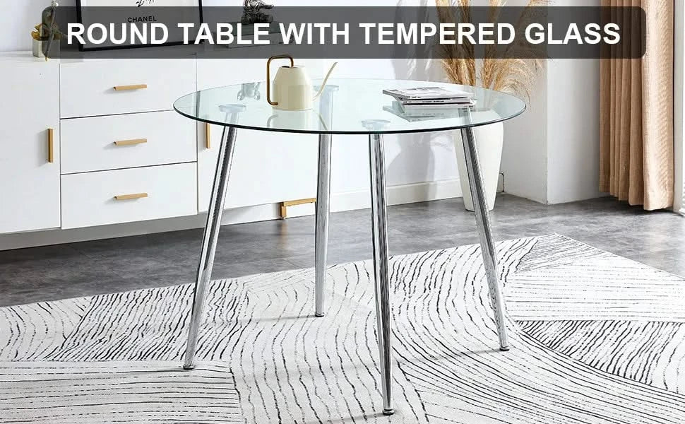 A glass tabletop with a diameter of 38.6 inches and a modern minimalist circular dining table with silver metal legs.Suitable for living rooms, and conference rooms. Default -DTYStore