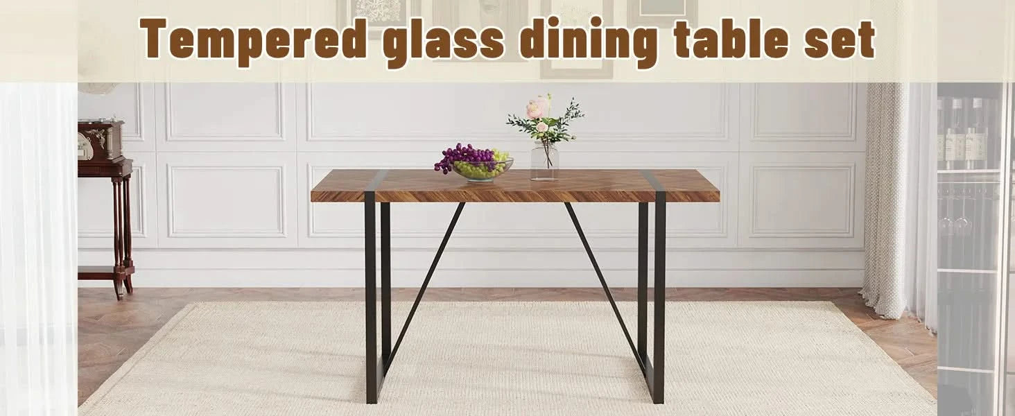 A minimalist retro rectangular dining table with a specially textured top and black metal legs.Contemporary Minimalist MDF Dark Wood Textured Tabletop.Able To Give People A Visual Beauty With Rules. Default -DTYStore
