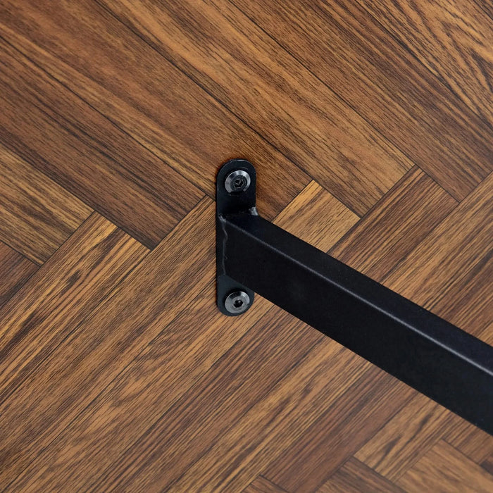 A minimalist retro rectangular dining table with a specially textured top and black metal legs.Contemporary Minimalist MDF Dark Wood Textured Tabletop.Able To Give People A Visual Beauty With Rules. Default -DTYStore