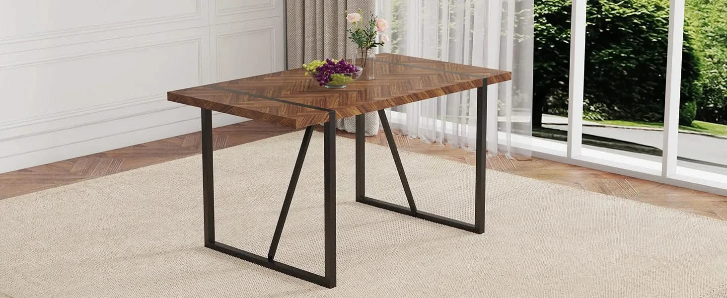 A minimalist retro rectangular dining table with a specially textured top and black metal legs.Contemporary Minimalist MDF Dark Wood Textured Tabletop.Able To Give People A Visual Beauty With Rules. Default -DTYStore