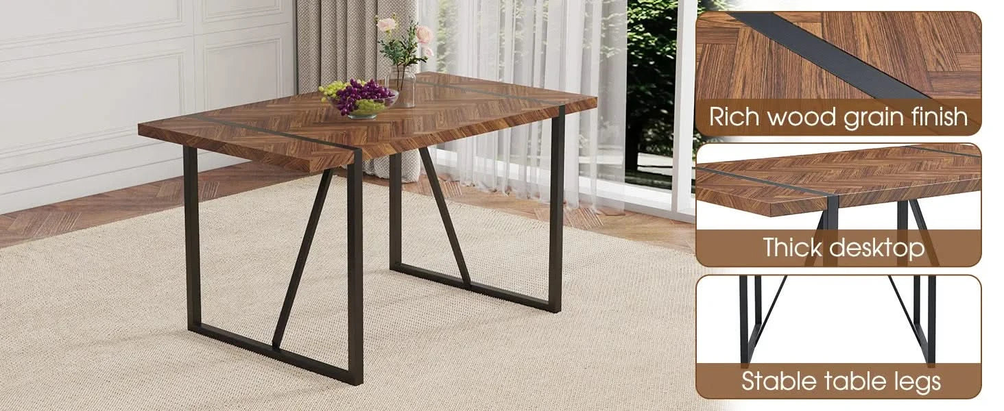 A minimalist retro rectangular dining table with a specially textured top and black metal legs.Contemporary Minimalist MDF Dark Wood Textured Tabletop.Able To Give People A Visual Beauty With Rules. Default -DTYStore