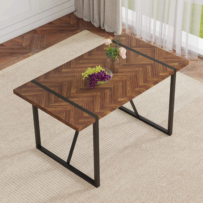 A minimalist retro rectangular dining table with a specially textured top and black metal legs.Contemporary Minimalist MDF Dark Wood Textured Tabletop.Able To Give People A Visual Beauty With Rules. Default -DTYStore