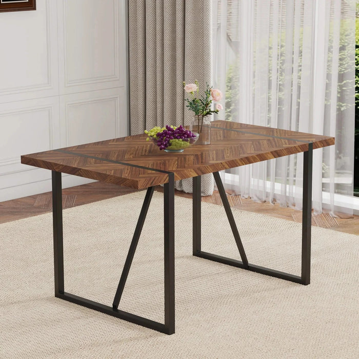 A minimalist retro rectangular dining table with a specially textured top and black metal legs.Contemporary Minimalist MDF Dark Wood Textured Tabletop.Able To Give People A Visual Beauty With Rules. Default -DTYStore