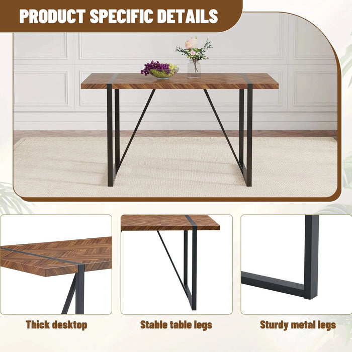 A minimalist retro rectangular dining table with a specially textured top and black metal legs.Contemporary Minimalist MDF Dark Wood Textured Tabletop.Able To Give People A Visual Beauty With Rules. Default -DTYStore