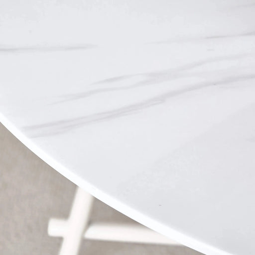 A modern minimalist circular dining table with a 42 inch diameter white patterned tabletop and white metal legs. Suitable for restaurants, living rooms, and conference rooms. Default -DTYStore