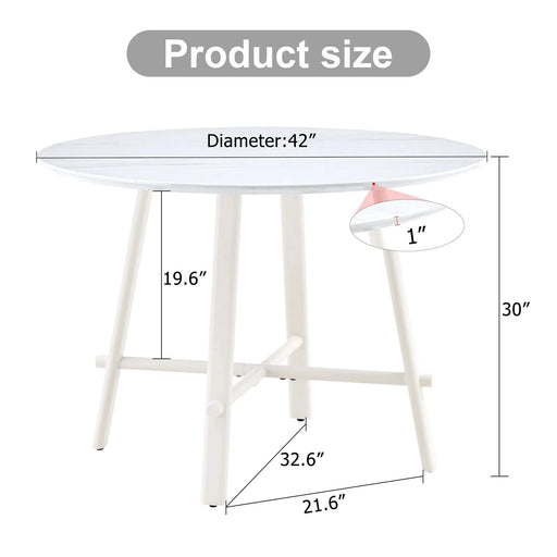 A modern minimalist circular dining table with a 42 inch diameter white patterned tabletop and white metal legs. Suitable for restaurants, living rooms, and conference rooms. Default -DTYStore