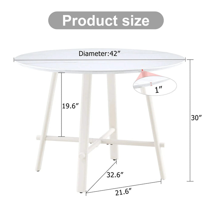 A modern minimalist circular dining table with a 42 inch diameter white patterned tabletop and white metal legs. Suitable for restaurants, living rooms, and conference rooms. Default -DTYStore