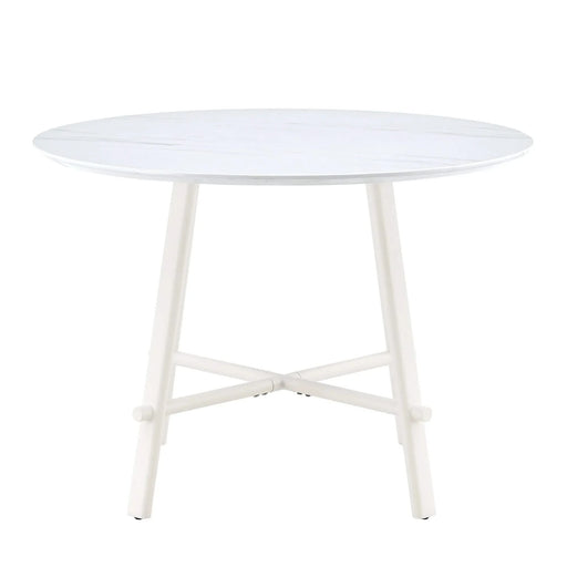A modern minimalist circular dining table with a 42 inch diameter white patterned tabletop and white metal legs. Suitable for restaurants, living rooms, and conference rooms. Default -DTYStore