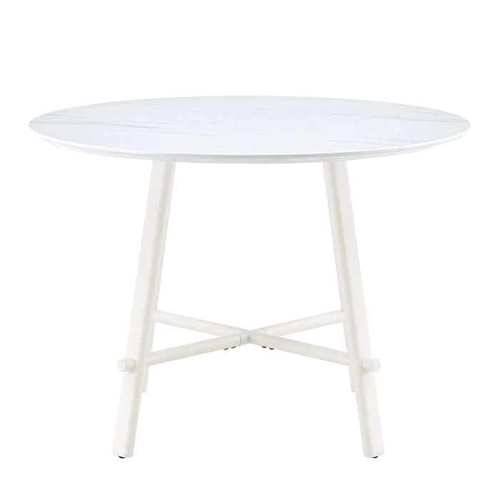 A modern minimalist circular dining table with a 42 inch diameter white patterned tabletop and white metal legs. Suitable for restaurants, living rooms, and conference rooms. Default -DTYStore