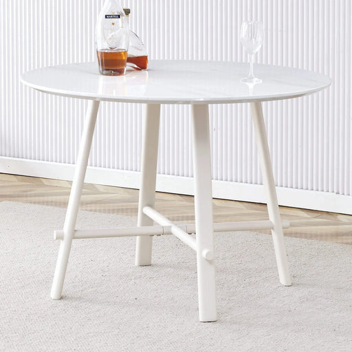 A modern minimalist circular dining table with a 42 inch diameter white patterned tabletop and white metal legs. Suitable for restaurants, living rooms, and conference rooms. Default -DTYStore