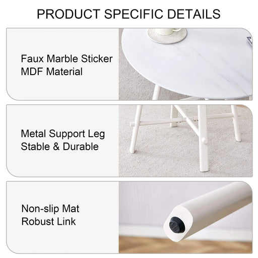 A modern minimalist circular dining table with a 42 inch diameter white patterned tabletop and white metal legs. Suitable for restaurants, living rooms, and conference rooms. Default -DTYStore