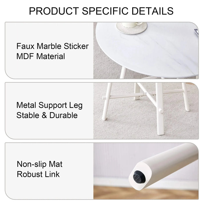 A modern minimalist circular dining table with a 42 inch diameter white patterned tabletop and white metal legs. Suitable for restaurants, living rooms, and conference rooms. Default -DTYStore