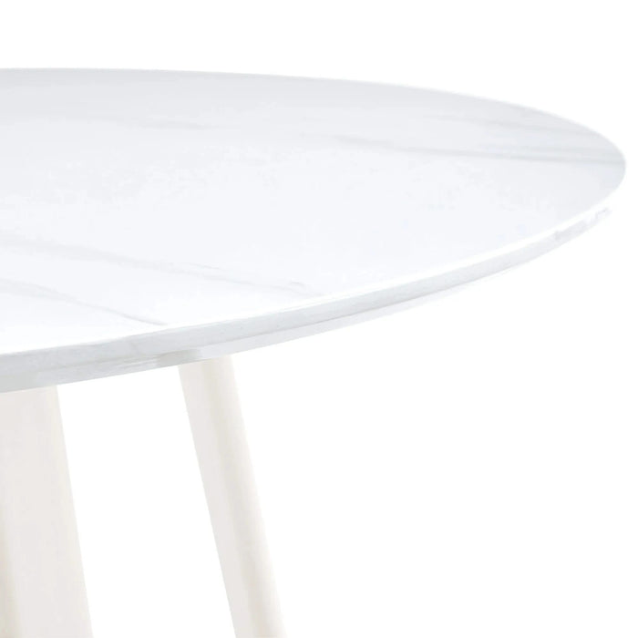 A modern minimalist circular dining table with a 42 inch diameter white patterned tabletop and white metal legs. Suitable for restaurants, living rooms, and conference rooms. Default -DTYStore