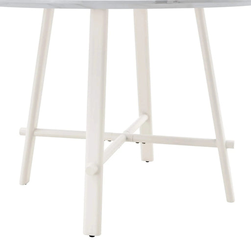 A modern minimalist circular dining table with a 42 inch diameter white patterned tabletop and white metal legs. Suitable for restaurants, living rooms, and conference rooms. Default -DTYStore