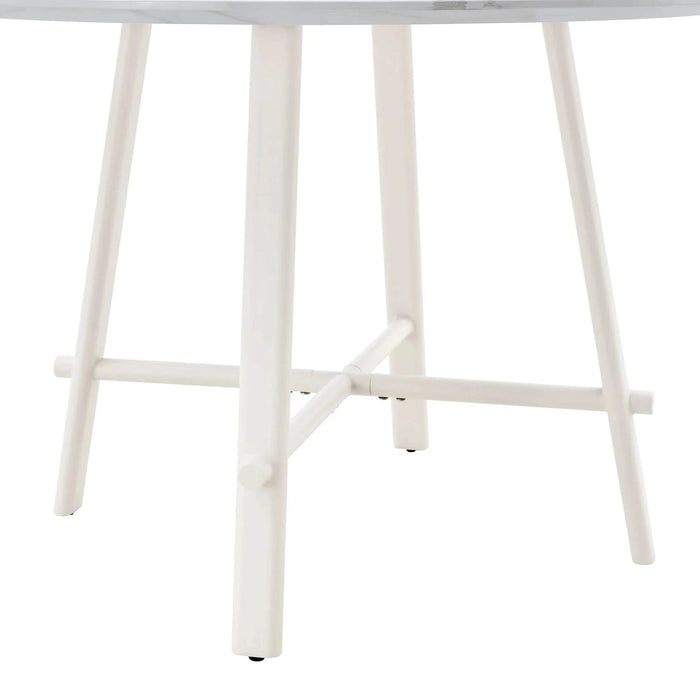 A modern minimalist circular dining table with a 42 inch diameter white patterned tabletop and white metal legs. Suitable for restaurants, living rooms, and conference rooms. Default -DTYStore