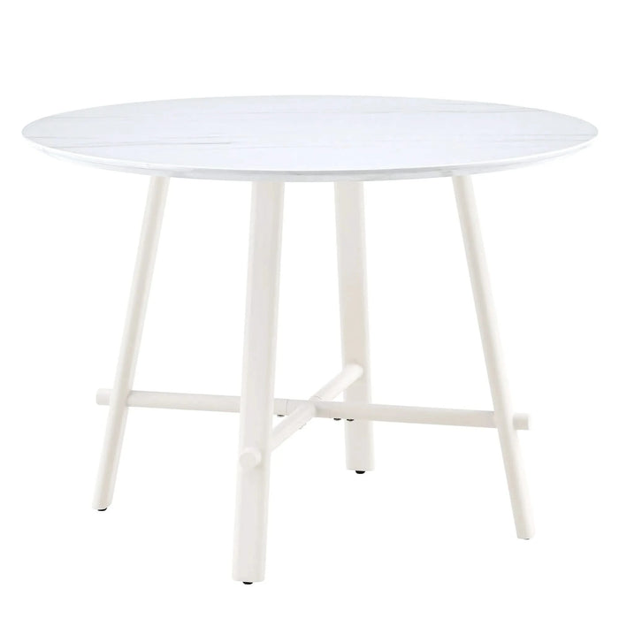 A modern minimalist circular dining table with a 42 inch diameter white patterned tabletop and white metal legs. Suitable for restaurants, living rooms, and conference rooms. Default -DTYStore
