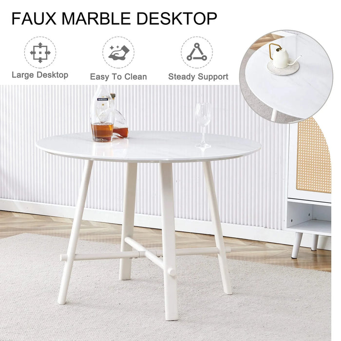 A modern minimalist circular dining table with a 42 inch diameter white patterned tabletop and white metal legs. Suitable for restaurants, living rooms, and conference rooms. Default -DTYStore